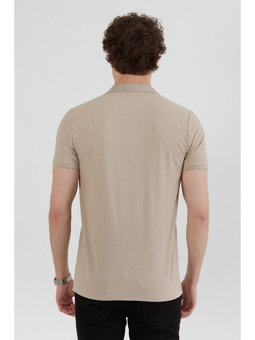 Bej Fitilli Düğmeli Polo Yaka Slim Fit Tişört-3