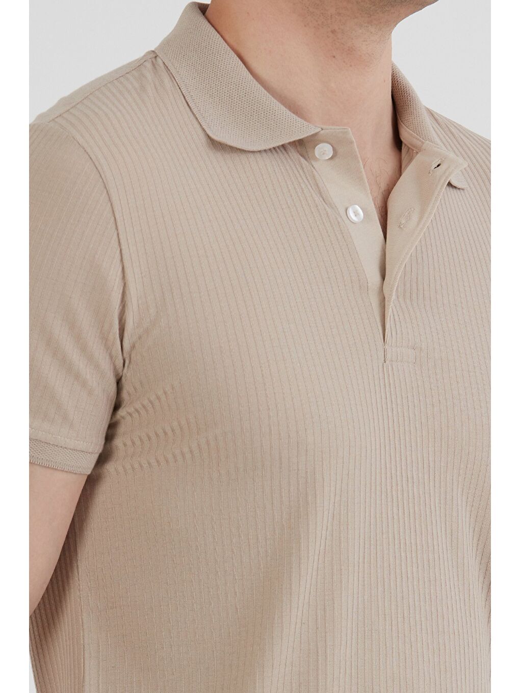 Bej Fitilli Düğmeli Polo Yaka Slim Fit Tişört-4