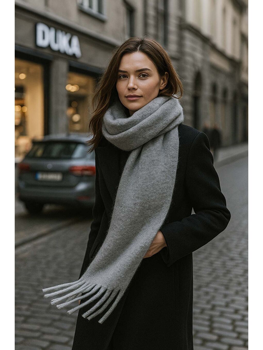 Kadın Püskül Detay Atkı Omuz Şalı 40x200 cm 1295 Antrasit-3