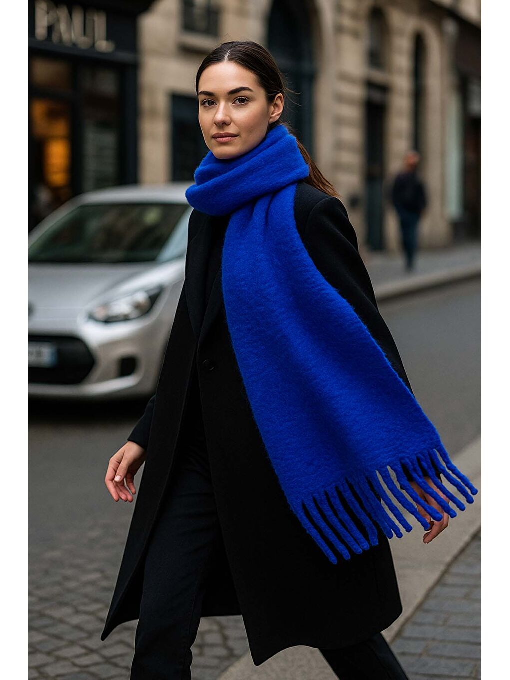 Kadın Püskül Detay Atkı Omuz Şalı 40x200 cm 1295 Saks Mavi-3