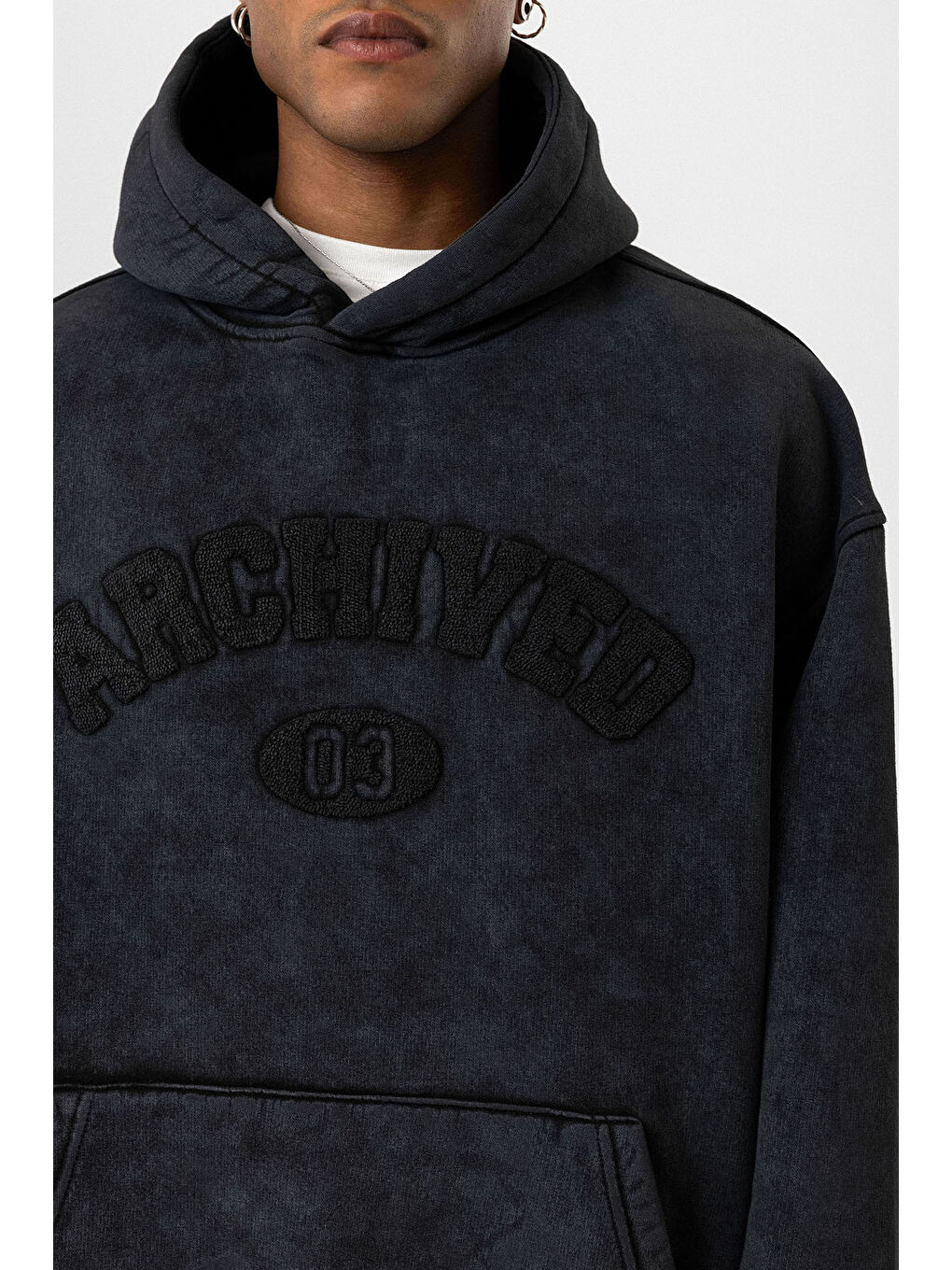 VAMOSCLO Siyah Yıkamalı Oversize Baskılı Erkek Hoodie - 4