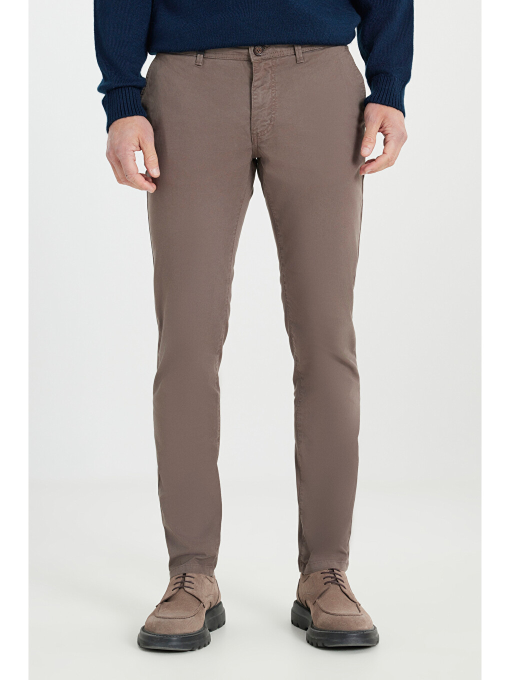 Bej Erkek Vizon Pamuklu Slim Fit Dar Kesim Yan Cepli Esnek Pantolon