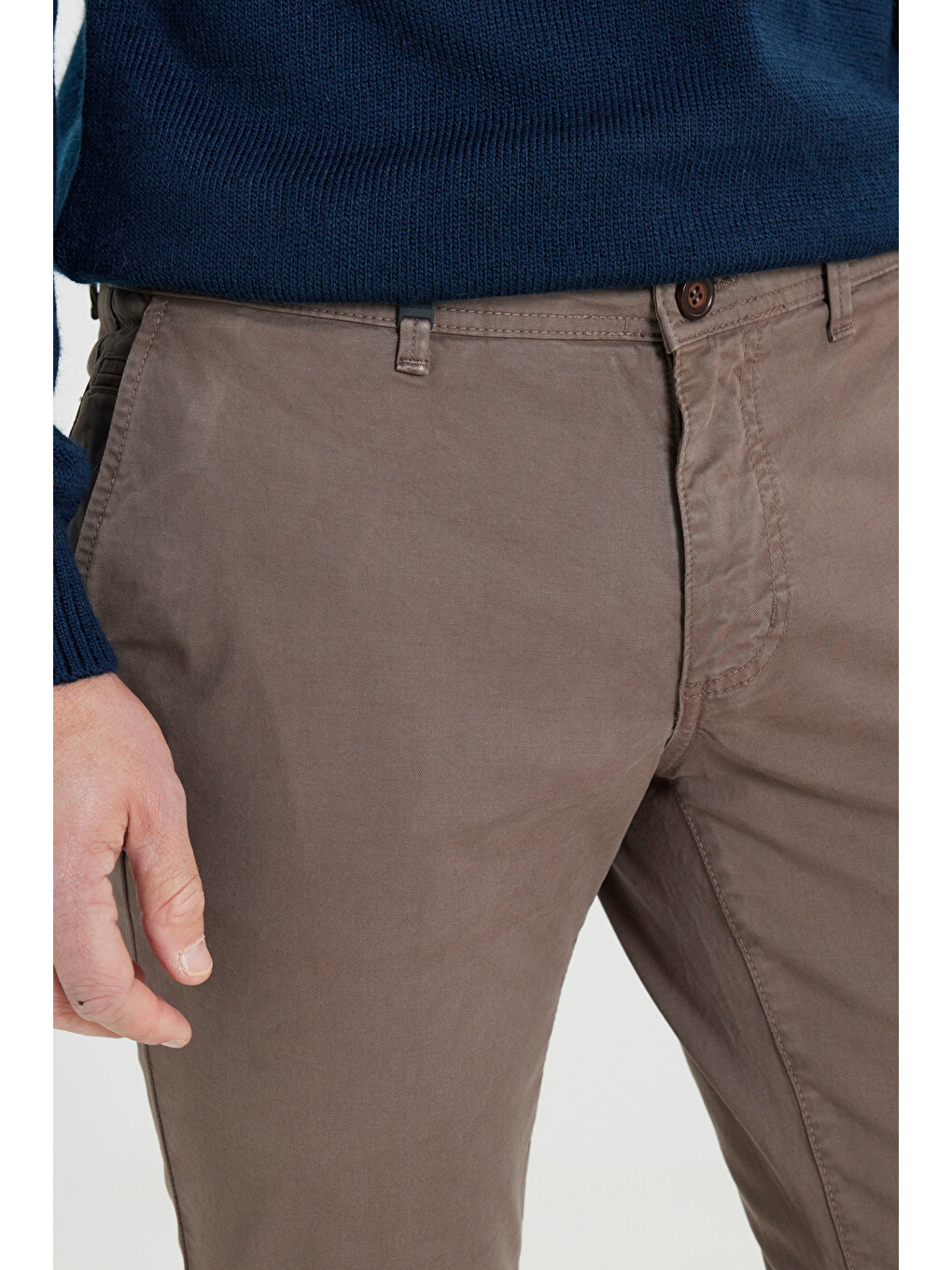 Bej Erkek Vizon Pamuklu Slim Fit Dar Kesim Yan Cepli Esnek Pantolon-3