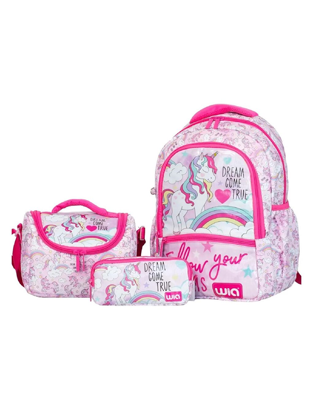 3 Bölmeli  Çanta Seti Pembe(Okul Çantası+Termoslu Beslenme Çantası+Kalemlik)