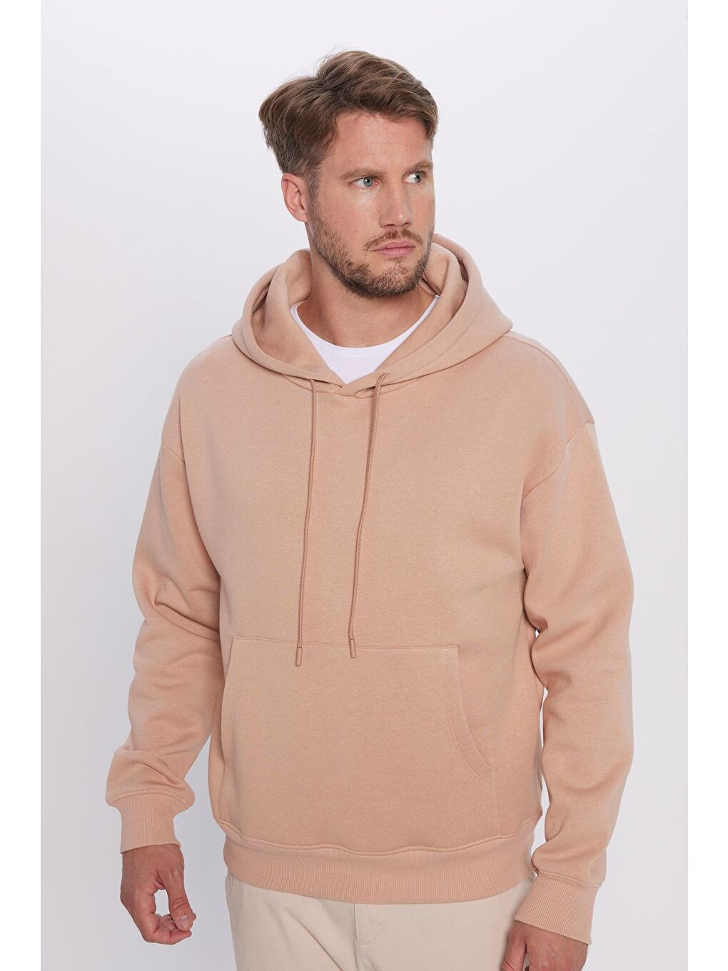 Bej Unisex Oversize Geniş Kesim Pamuklu Yumuşak Dokulu İçi Polarlı Basic Vizon Renk Kapüşonlu Sweatshirt-1