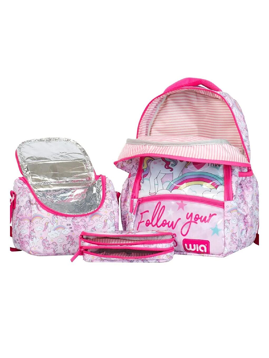 3 Bölmeli  Çanta Seti Pembe(Okul Çantası+Termoslu Beslenme Çantası+Kalemlik)-3