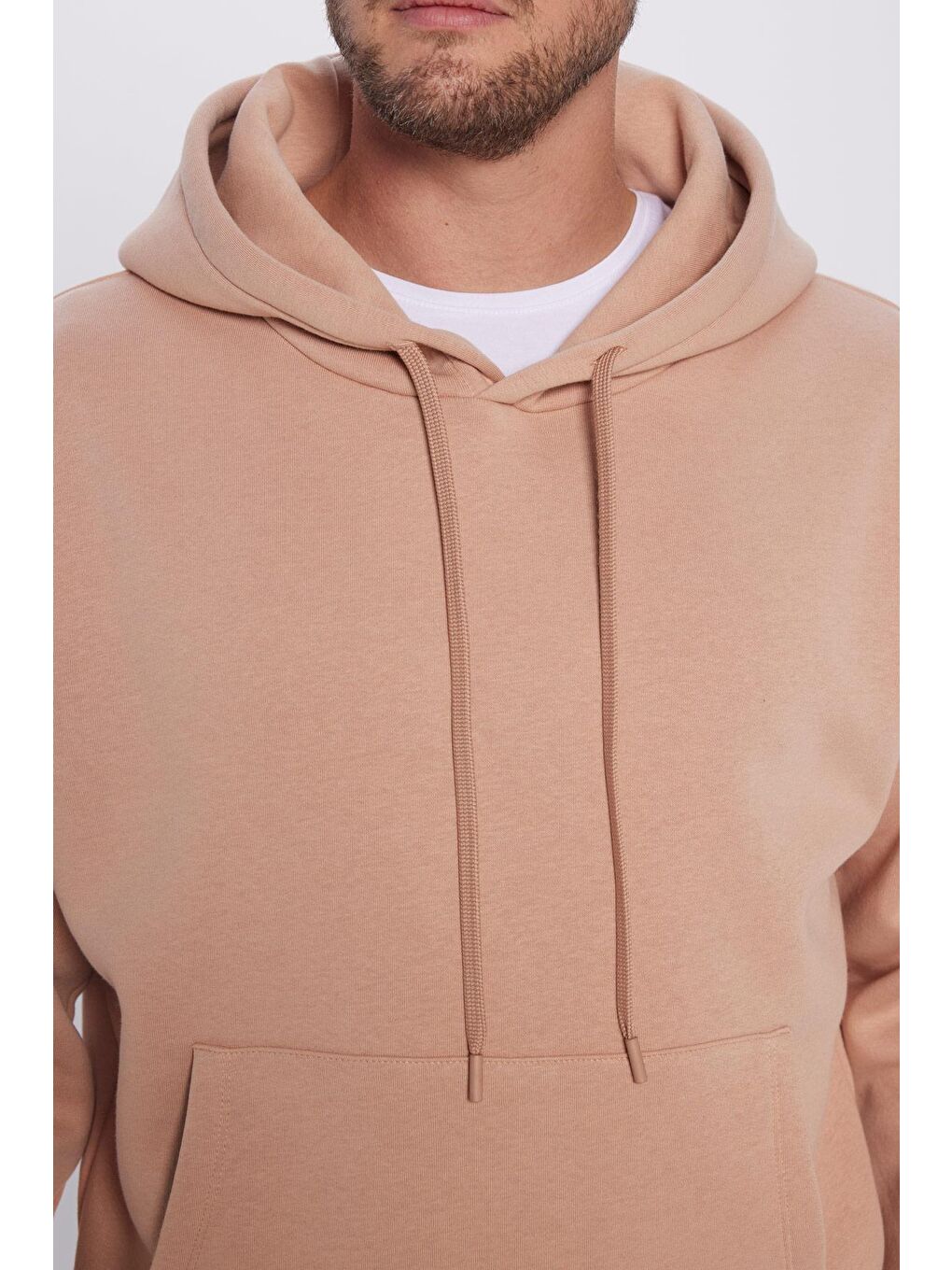 Bej Unisex Oversize Geniş Kesim Pamuklu Yumuşak Dokulu İçi Polarlı Basic Vizon Renk Kapüşonlu Sweatshirt-2