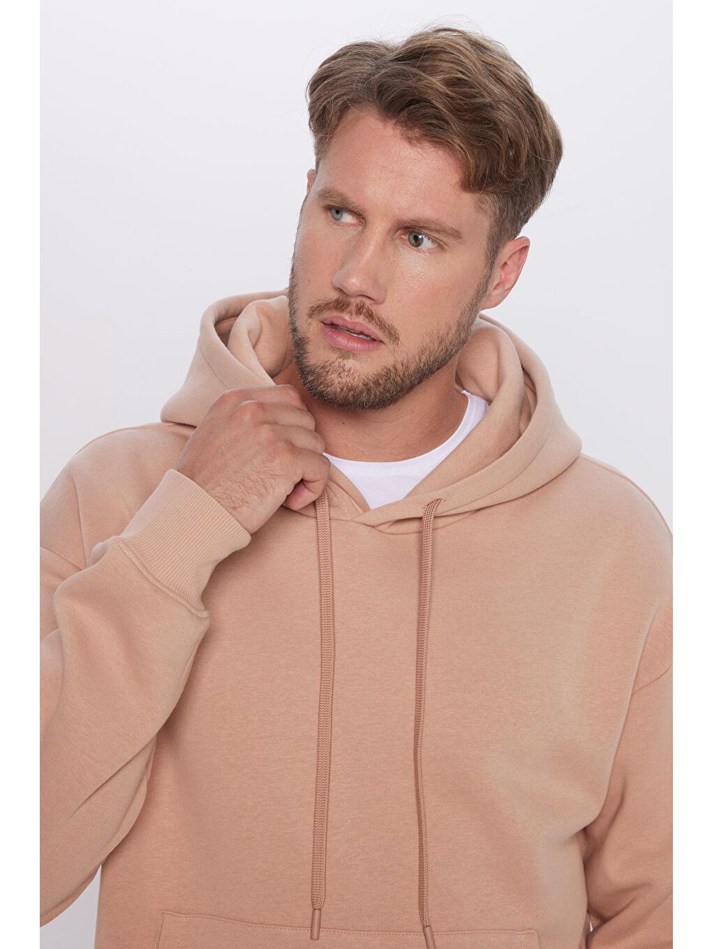 Bej Unisex Oversize Geniş Kesim Pamuklu Yumuşak Dokulu İçi Polarlı Basic Vizon Renk Kapüşonlu Sweatshirt-3