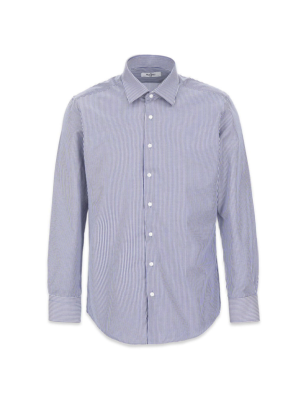 Lacivert Uzun Kol Slim Fit Çizgili Klasik Yaka Pamuklu Kolay Ütülenebilir Gömlek