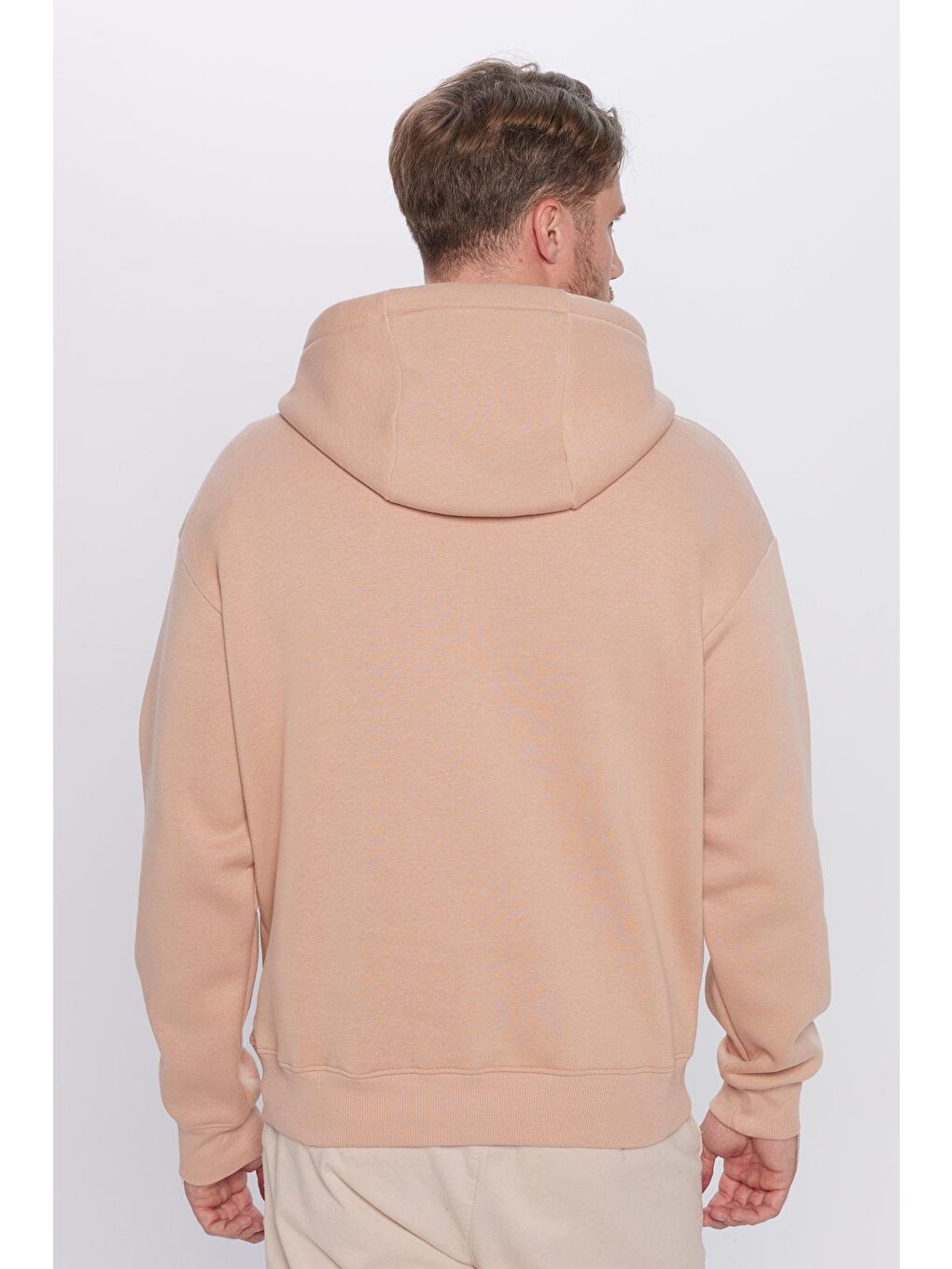 Bej Unisex Oversize Geniş Kesim Pamuklu Yumuşak Dokulu İçi Polarlı Basic Vizon Renk Kapüşonlu Sweatshirt-4