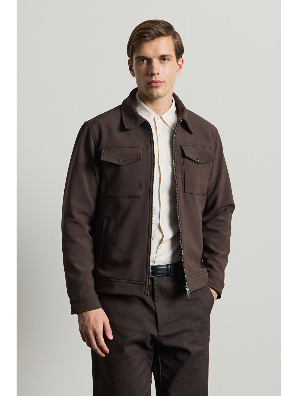 Erkek Standart Kalıp Gömlek Yaka Ceket Kahverengi