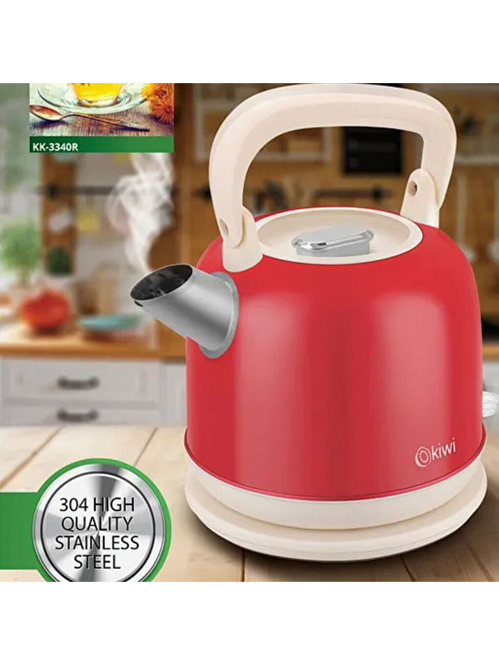 KK-3340 Paslanmaz Çelik Retro Su Isıtıcı Kettle - Kırmızı - 2,2 Litre