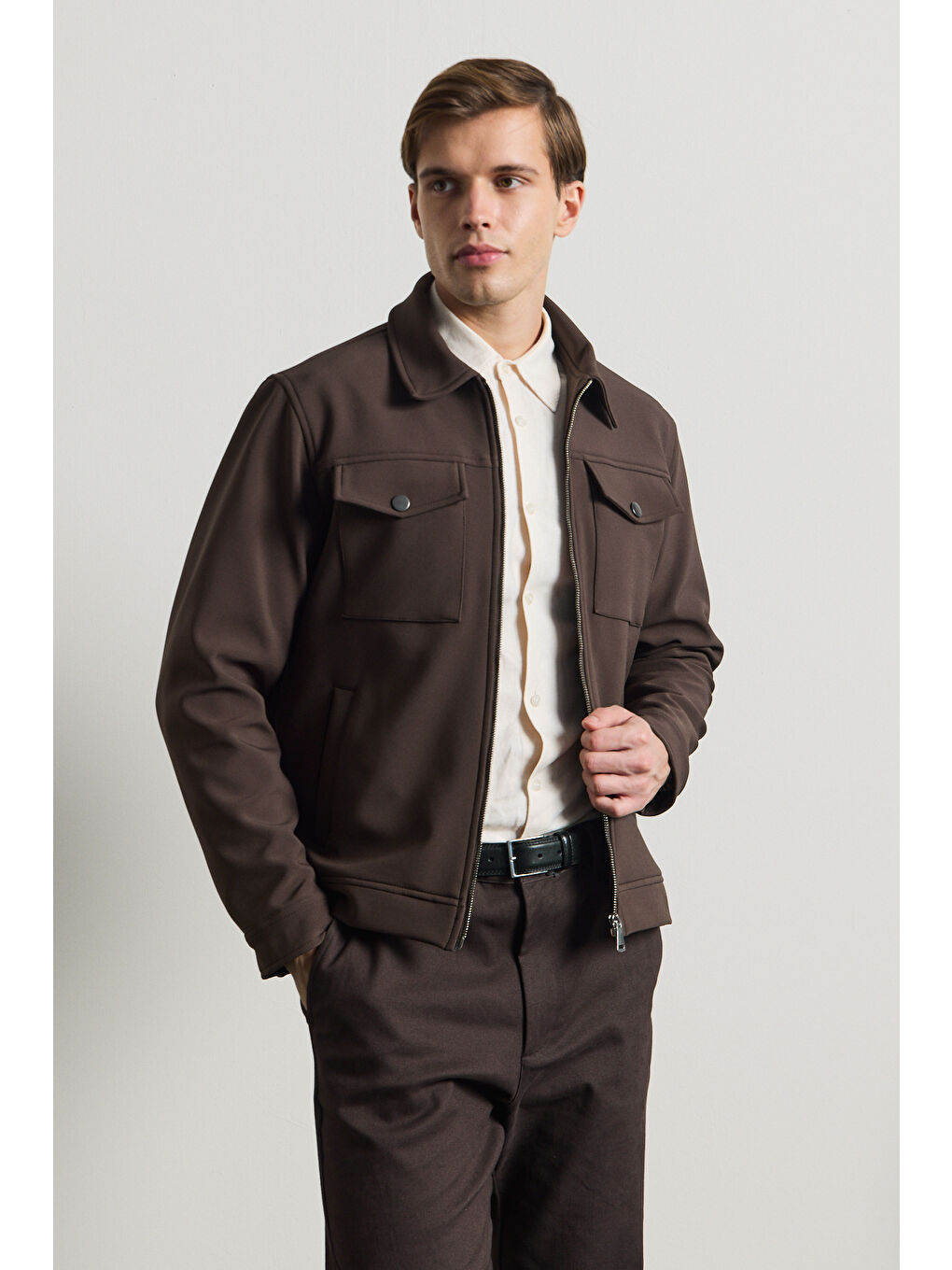 Erkek Standart Kalıp Gömlek Yaka Ceket Kahverengi-1