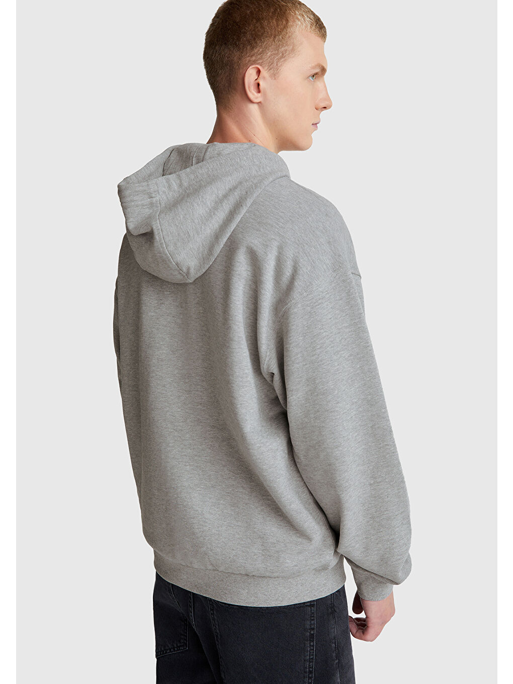 Erkek Gri Melanj %100 Pamuk Dar Kesim Fermuarlı Kapüşonlu Sweatshirt-2