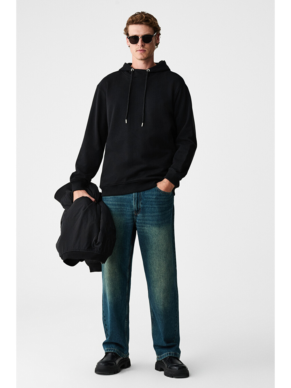 Alessıo Erkek %100 Pamuk Kapüşonlu Kordon Detaylı Oversize Fit Siyah Sweatshirt-2