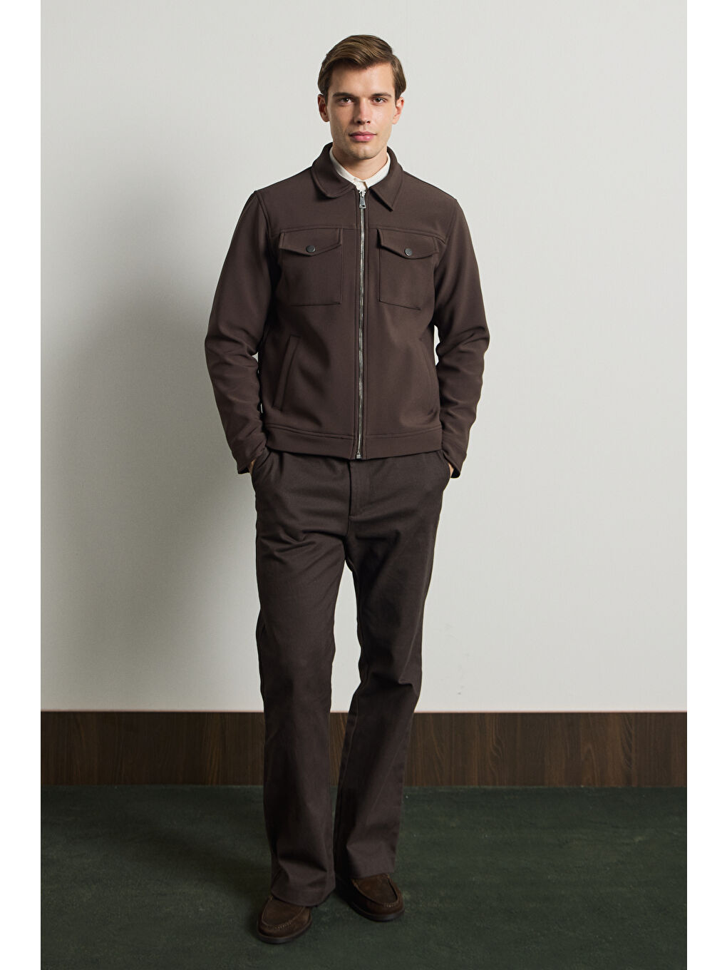 Erkek Standart Kalıp Gömlek Yaka Ceket Kahverengi-2