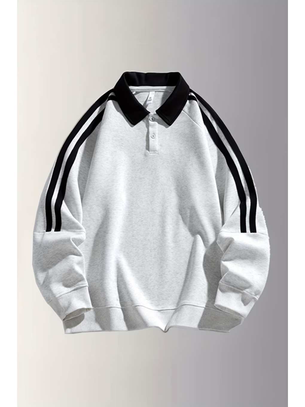 Erkek Gri Oversize Polo Yaka Sweatshirt Şerit Detaylı Uzun Kollu Spor Casual Basic