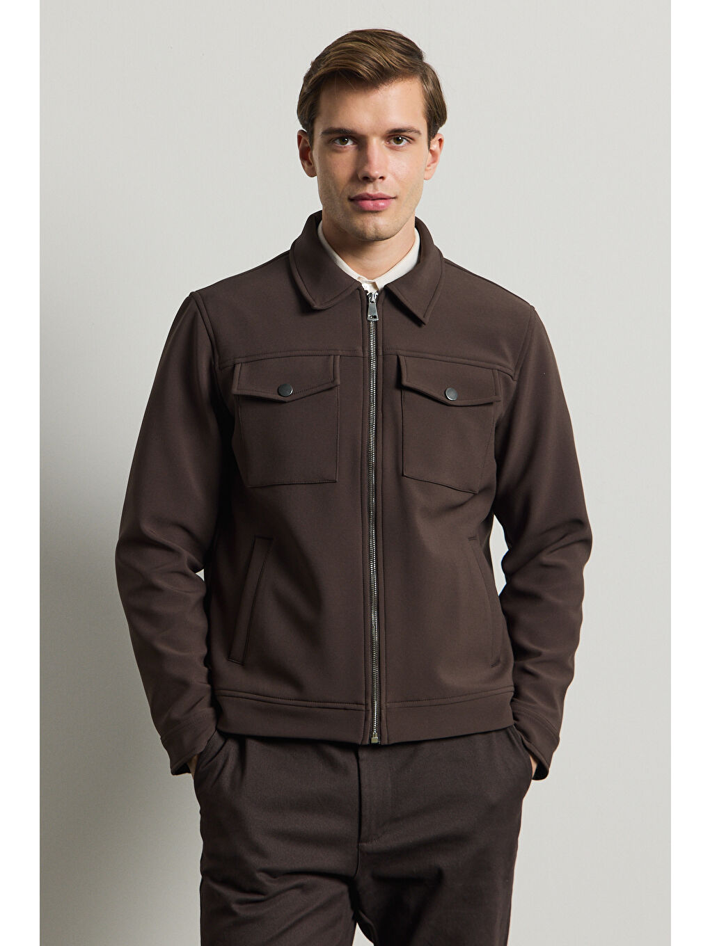 Erkek Standart Kalıp Gömlek Yaka Ceket Kahverengi-3