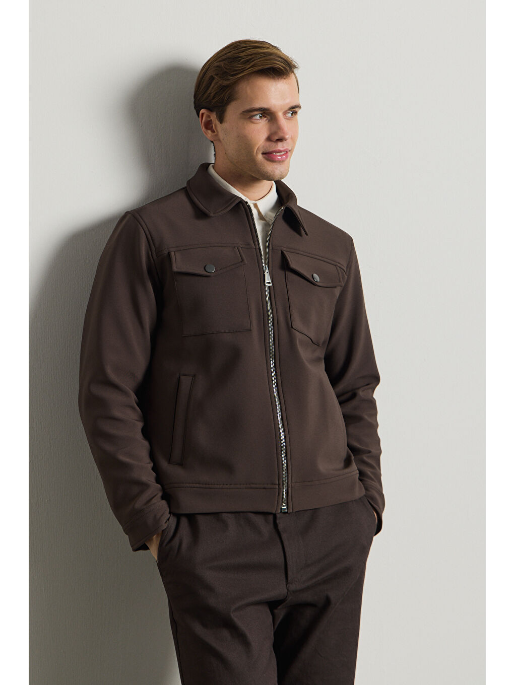 Erkek Standart Kalıp Gömlek Yaka Ceket Kahverengi-4