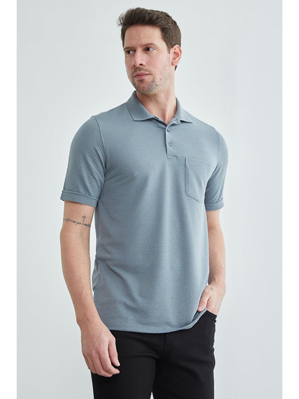 Gri Desenli Tek Cepli Polo Yaka Tişört-4