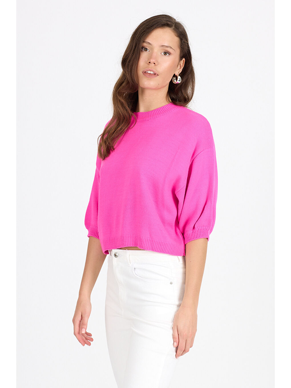 Fuşya Kadın Bisiklet Yaka Triko Bluz 048 (Standart Beden s-m-l-xl Beden Uyumludur)