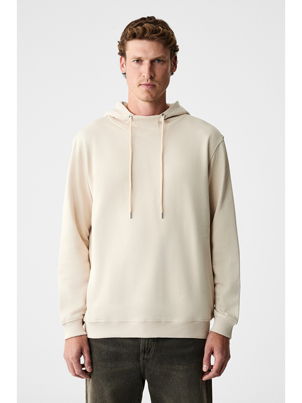 Alessıo Erkek %100 Pamuk Kapüşonlu Kordon Detaylı Oversize Fit Bej Sweatshirt