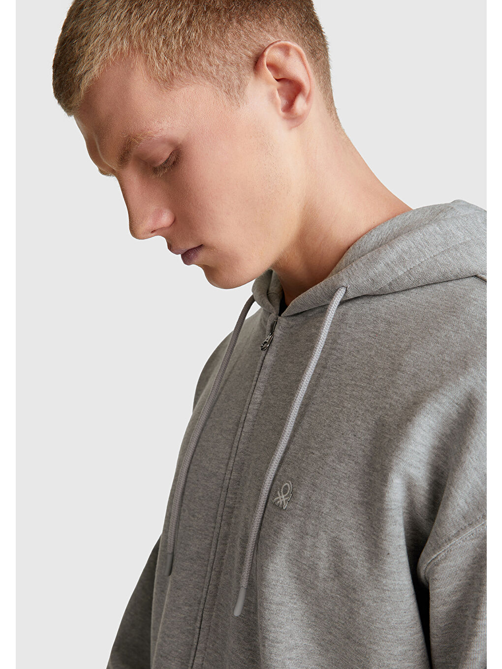 Erkek Gri Melanj %100 Pamuk Dar Kesim Fermuarlı Kapüşonlu Sweatshirt-5