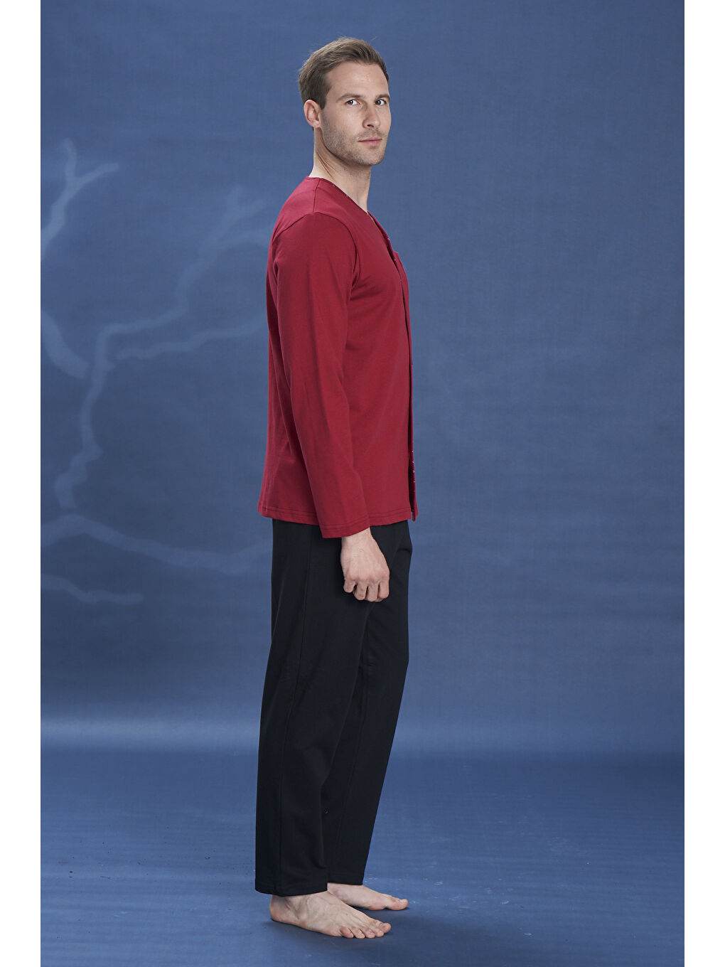 Büyük Beden Erkek Penye Uzun Kol Pijama Takımı 2141 Bordo-1