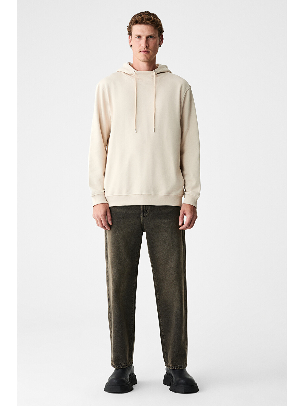 Alessıo Erkek %100 Pamuk Kapüşonlu Kordon Detaylı Oversize Fit Bej Sweatshirt-1
