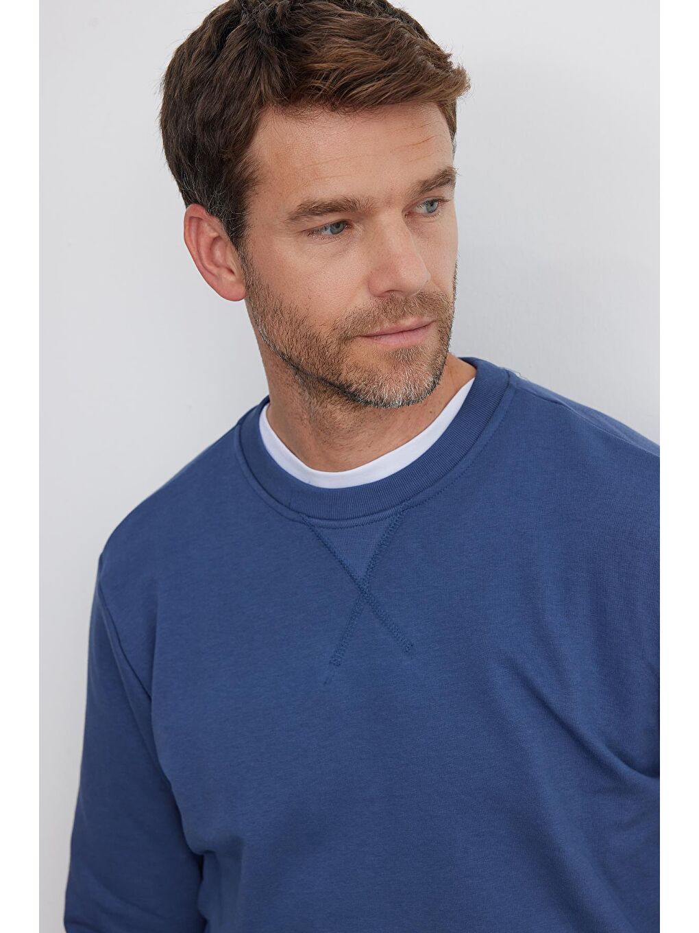 Unisex Relax Fit Rahat Kesim %100 Pamuk Basic İndigo Bisiklet Yaka Sweatshirt-1