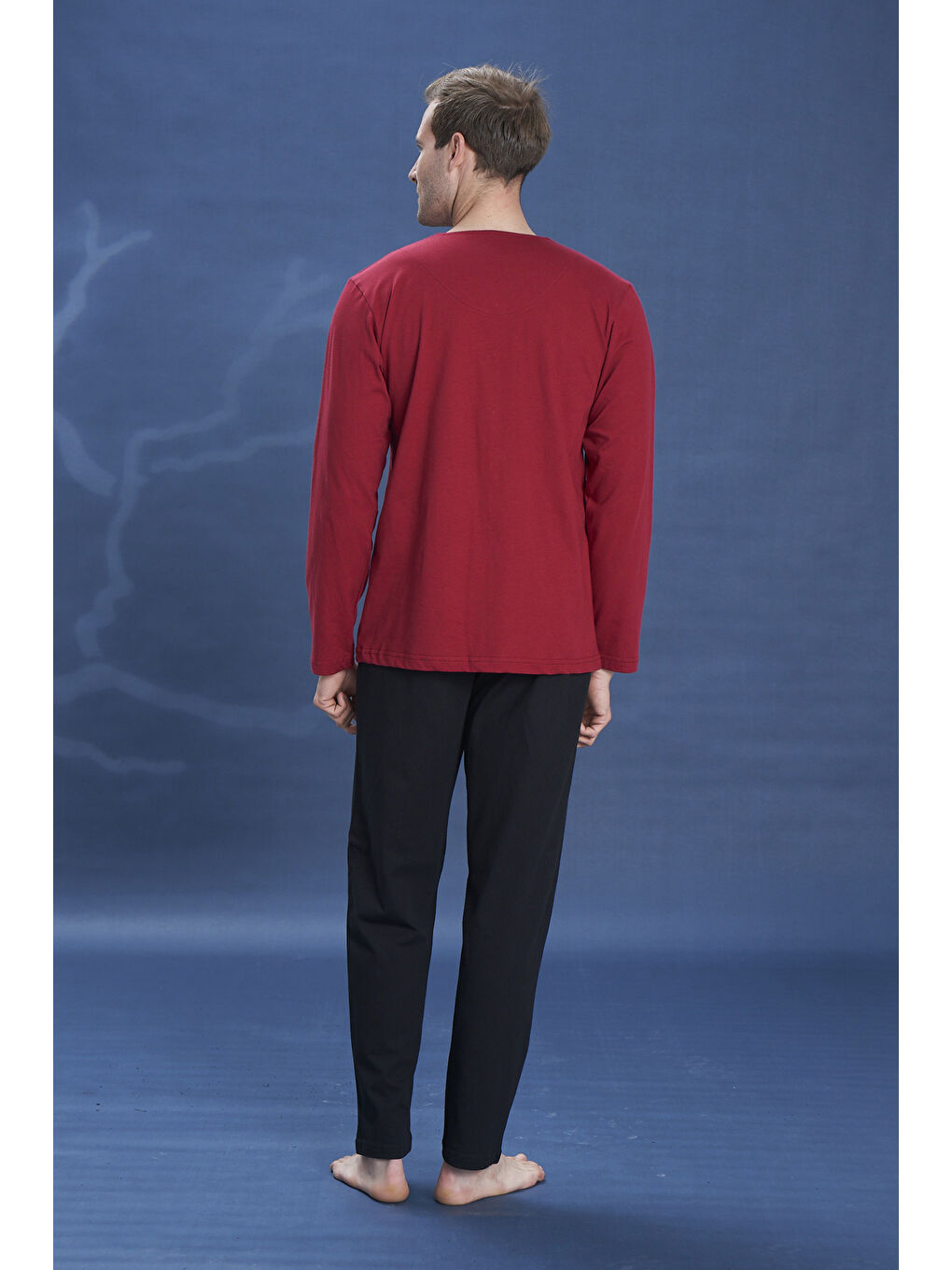 Büyük Beden Erkek Penye Uzun Kol Pijama Takımı 2141 Bordo-2