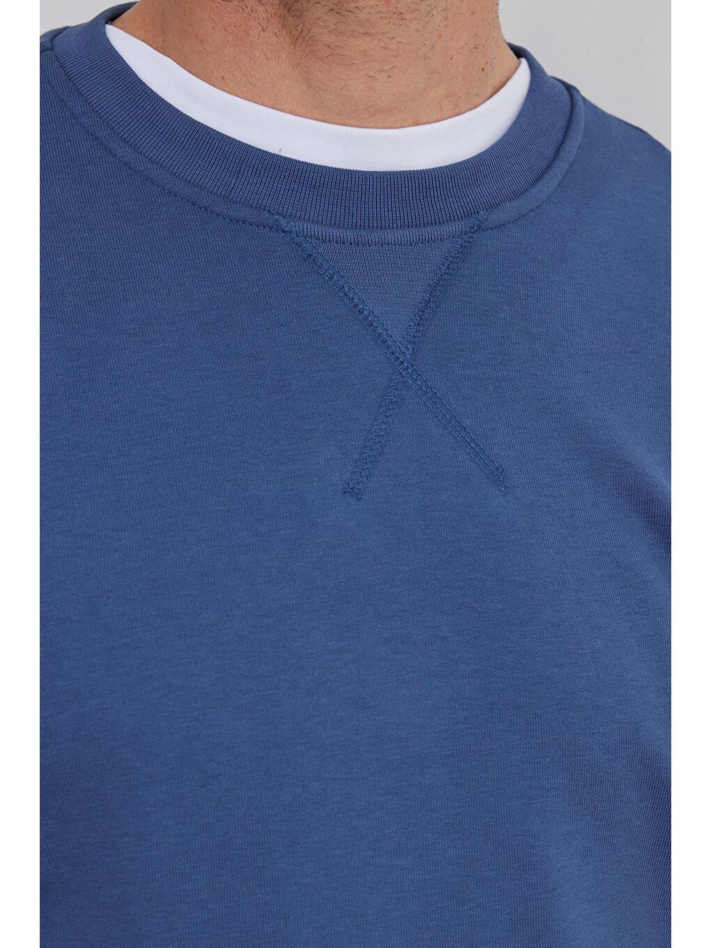 Unisex Relax Fit Rahat Kesim %100 Pamuk Basic İndigo Bisiklet Yaka Sweatshirt-2