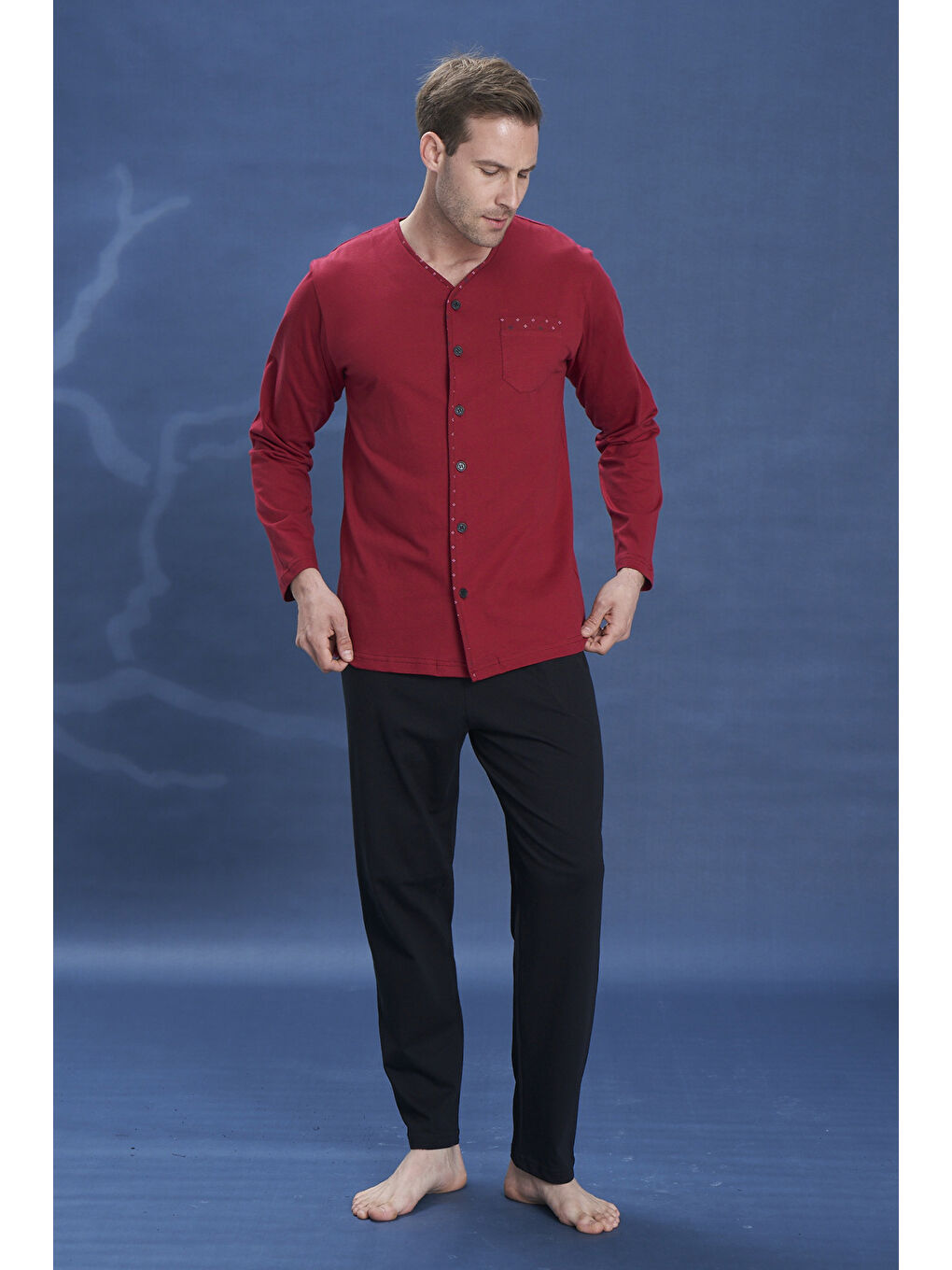 Büyük Beden Erkek Penye Uzun Kol Pijama Takımı 2141 Bordo-3