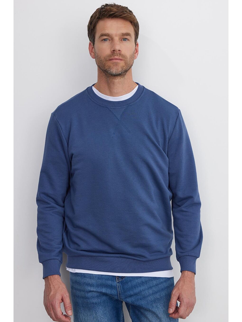 Unisex Relax Fit Rahat Kesim %100 Pamuk Basic İndigo Bisiklet Yaka Sweatshirt-3