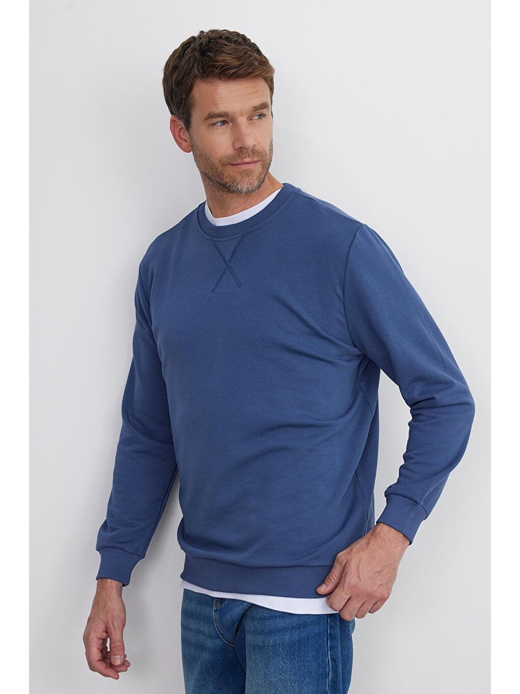 Unisex Relax Fit Rahat Kesim %100 Pamuk Basic İndigo Bisiklet Yaka Sweatshirt-4