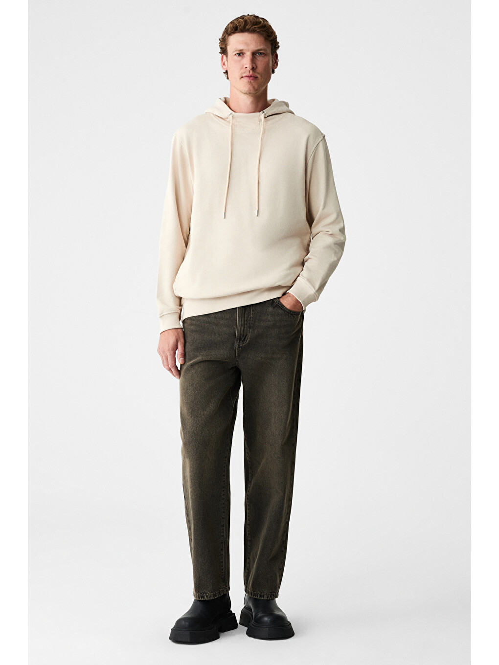 Alessıo Erkek %100 Pamuk Kapüşonlu Kordon Detaylı Oversize Fit Bej Sweatshirt-2