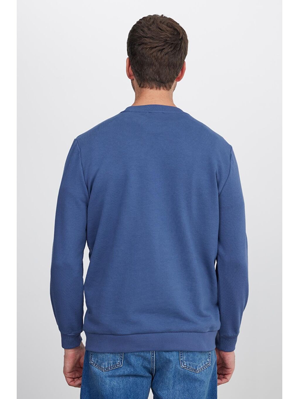 Unisex Relax Fit Rahat Kesim %100 Pamuk Basic İndigo Bisiklet Yaka Sweatshirt-6