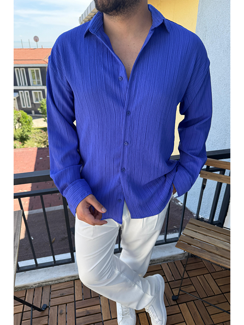 Mavi Tam Kalıp Bürümcük Kumaş Gömlek Zümrüt Saks