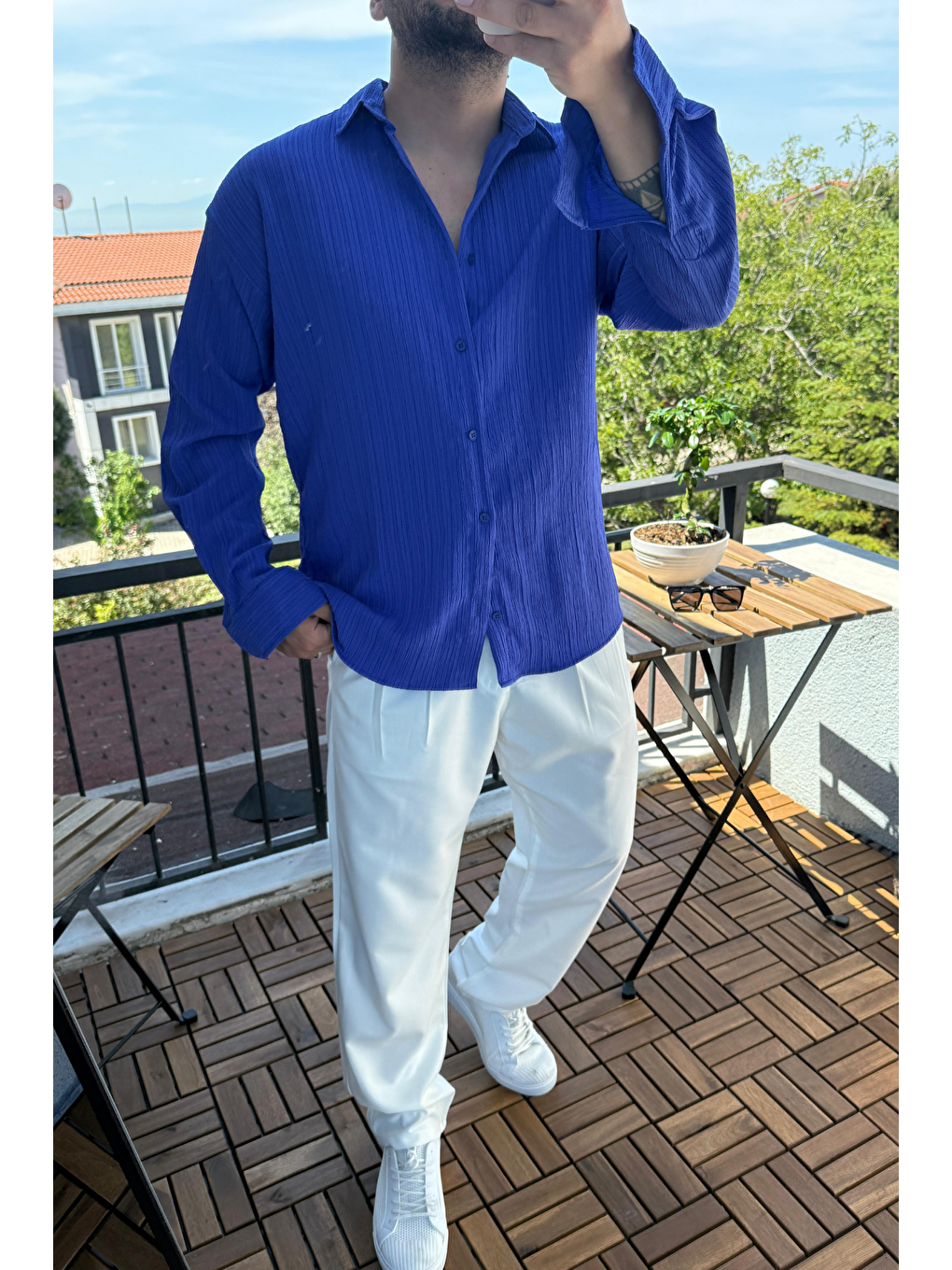 Mavi Tam Kalıp Bürümcük Kumaş Gömlek Zümrüt Saks-1