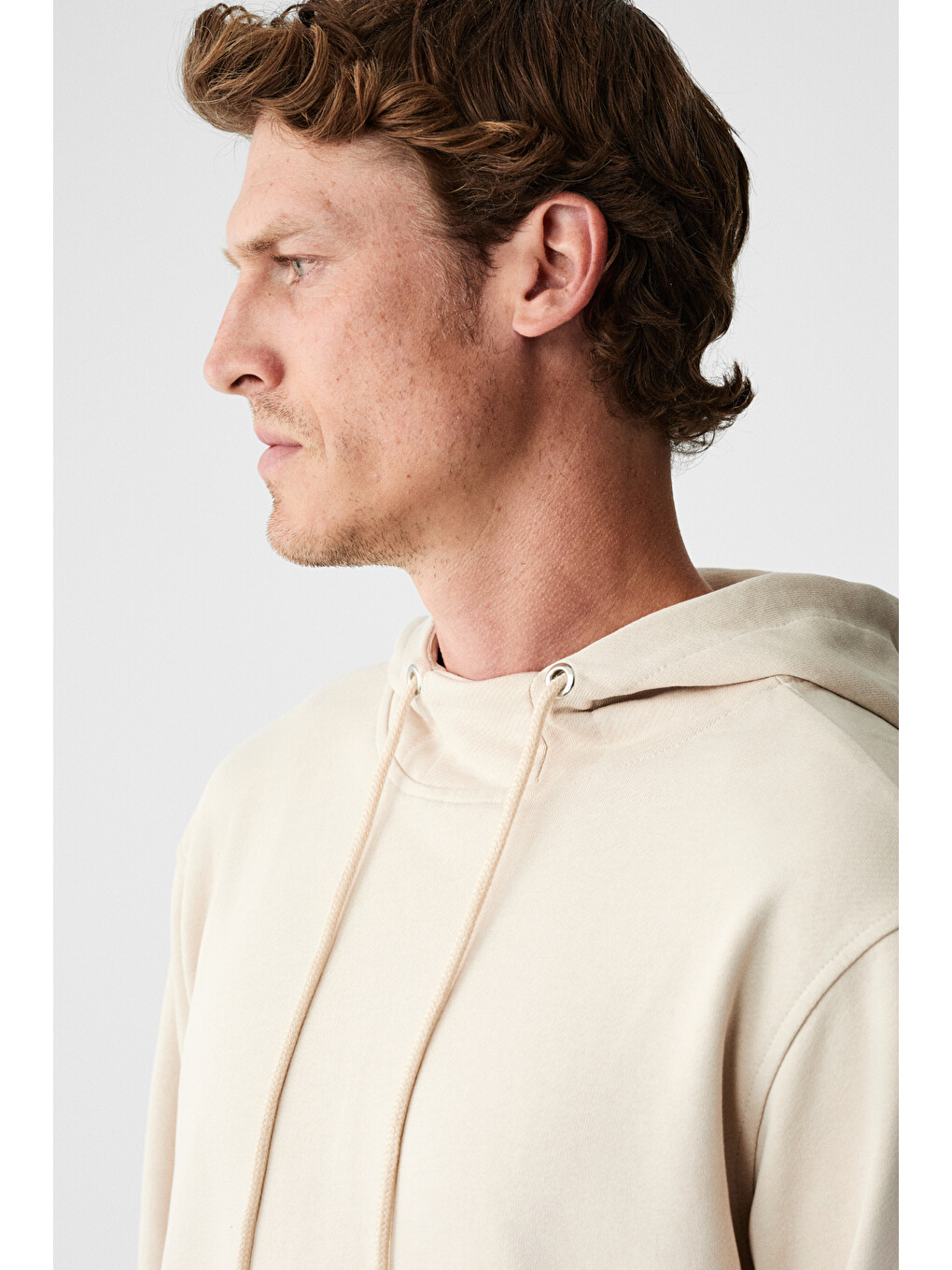 Alessıo Erkek %100 Pamuk Kapüşonlu Kordon Detaylı Oversize Fit Bej Sweatshirt-3