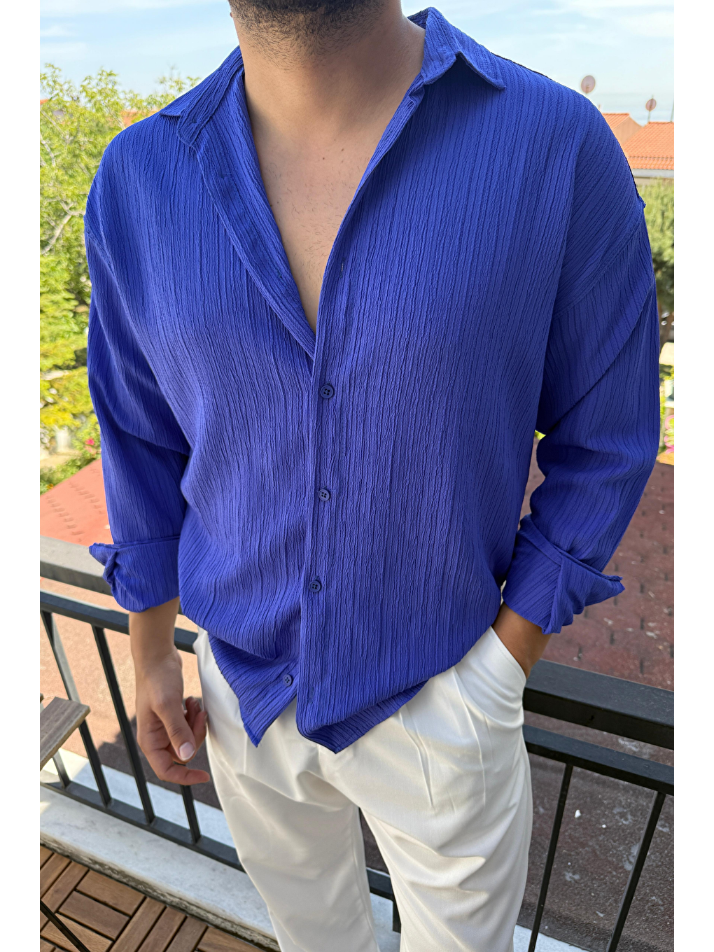 Mavi Tam Kalıp Bürümcük Kumaş Gömlek Zümrüt Saks-2