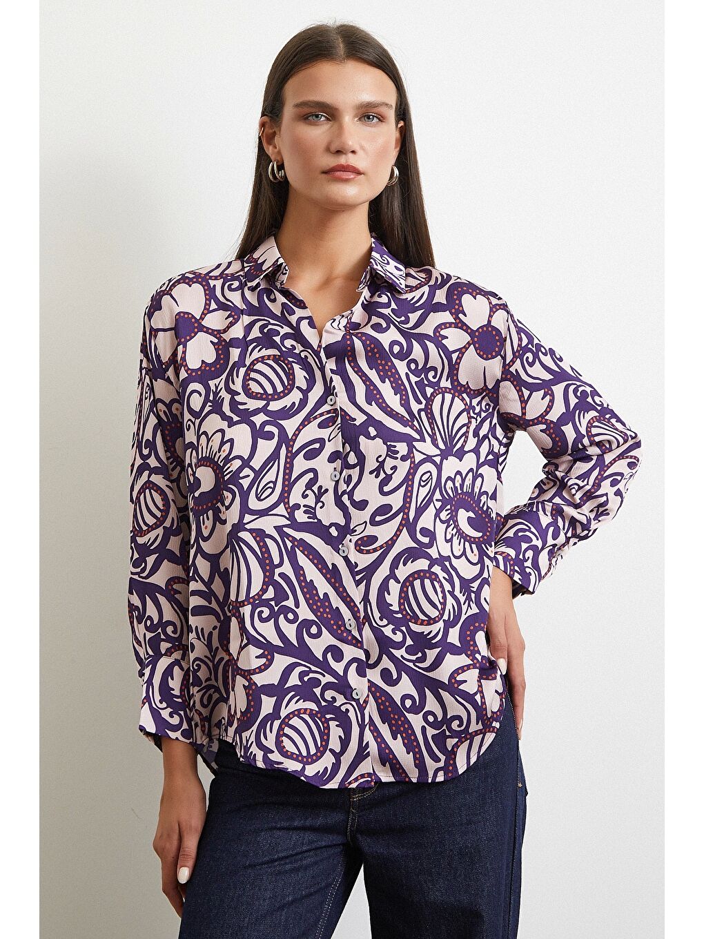 Çiçek Desenli Saten Gömlek Mor-1