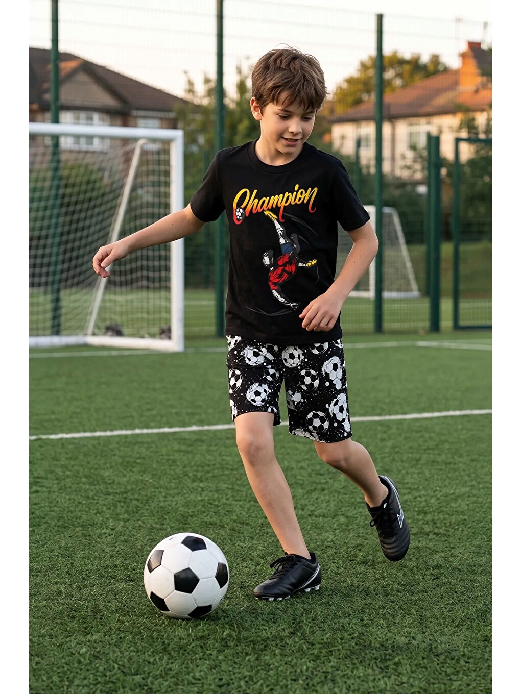 Beyaz Erkek Çocuk Champion Futbol Baskılı Şort Alt - Üst Takım-1