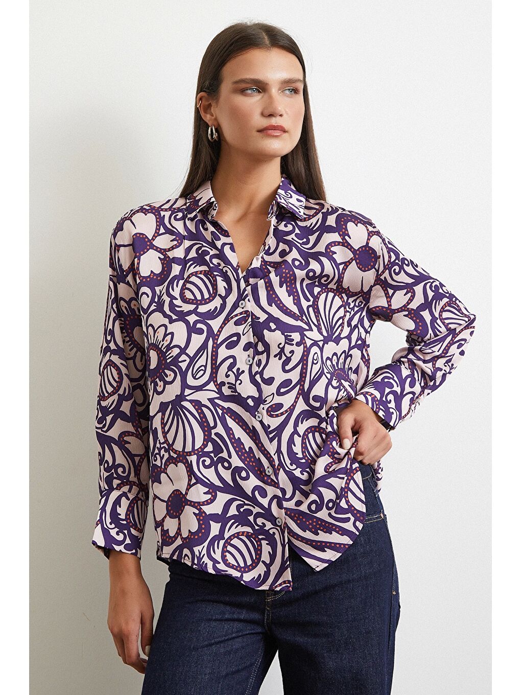Çiçek Desenli Saten Gömlek Mor-2