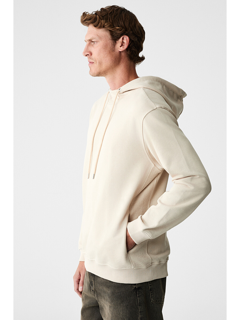 Alessıo Erkek %100 Pamuk Kapüşonlu Kordon Detaylı Oversize Fit Bej Sweatshirt-4