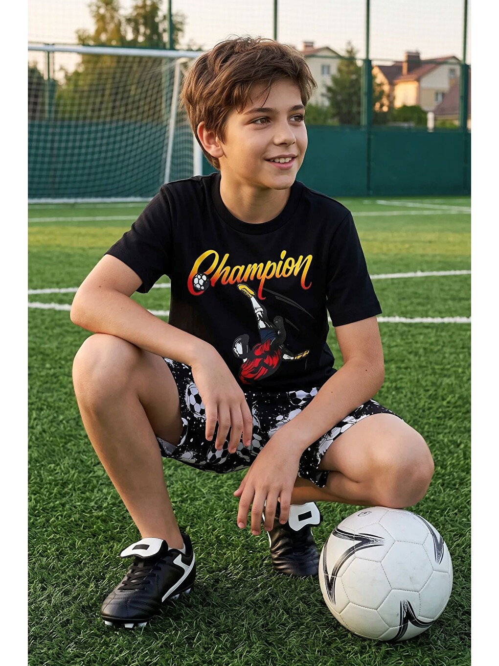 Beyaz Erkek Çocuk Champion Futbol Baskılı Şort Alt - Üst Takım-2