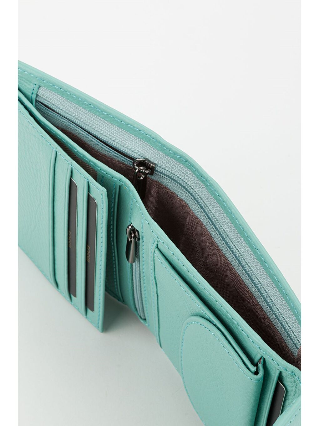 Turkuaz Kutulu Hakiki Deri Gök Mavi Küçük Boy Çok Gözlü Kadın El Portföyü Kartlık Cüzdan-1