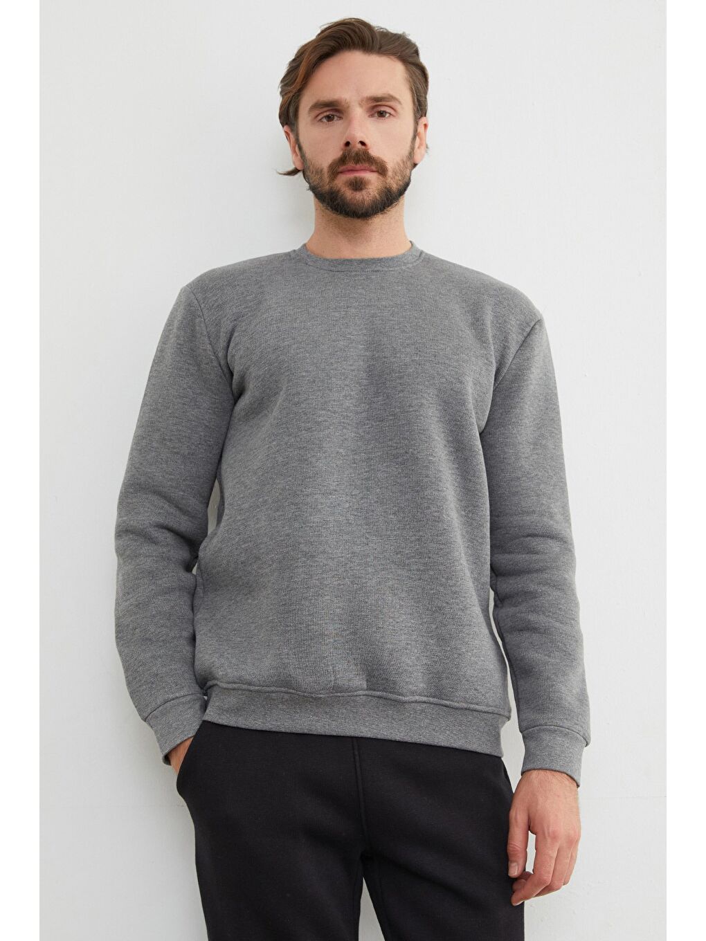 Antrasit 3 İplik Basic Bisiklet Yaka Sweatshirt