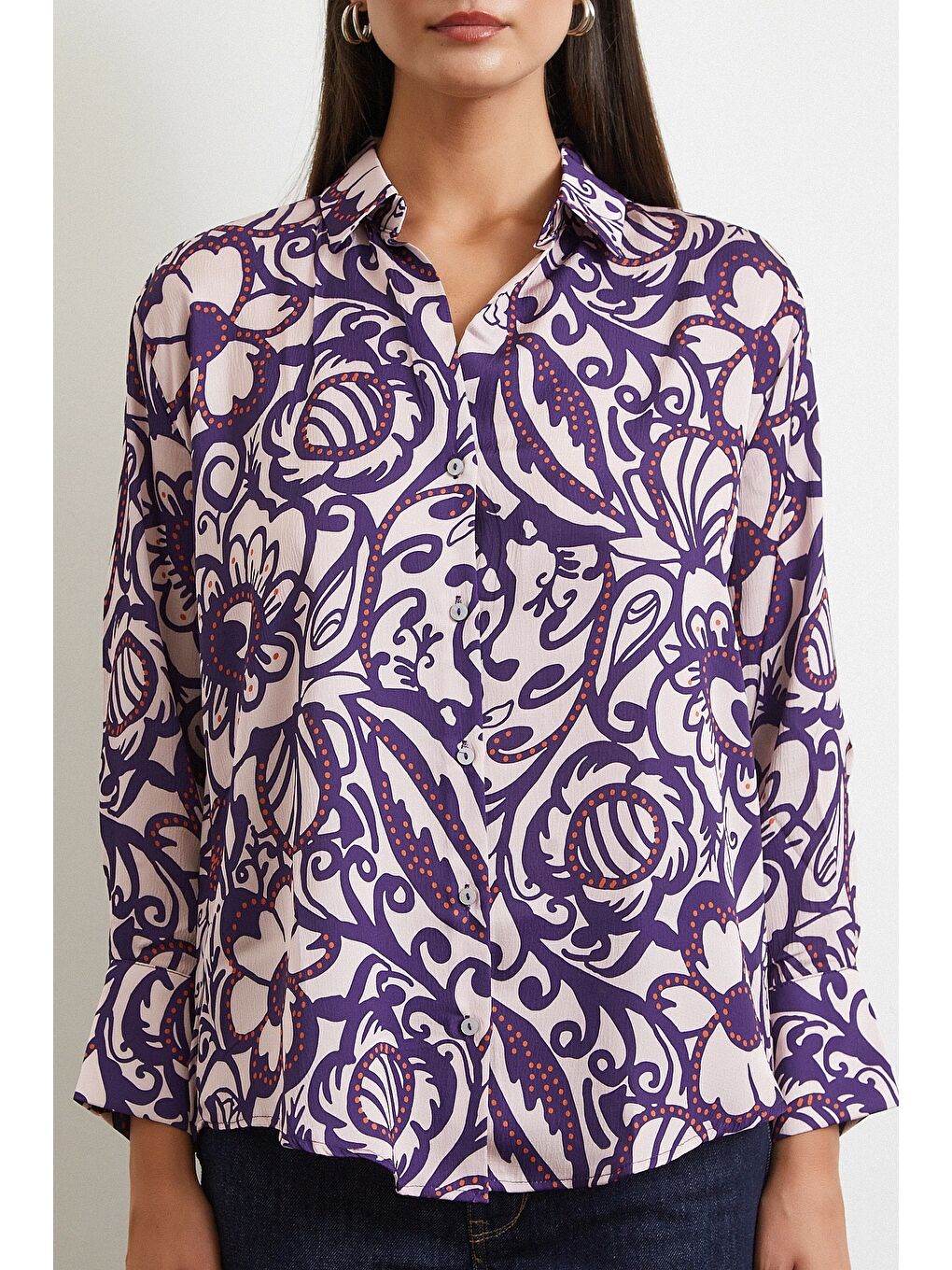 Çiçek Desenli Saten Gömlek Mor-3