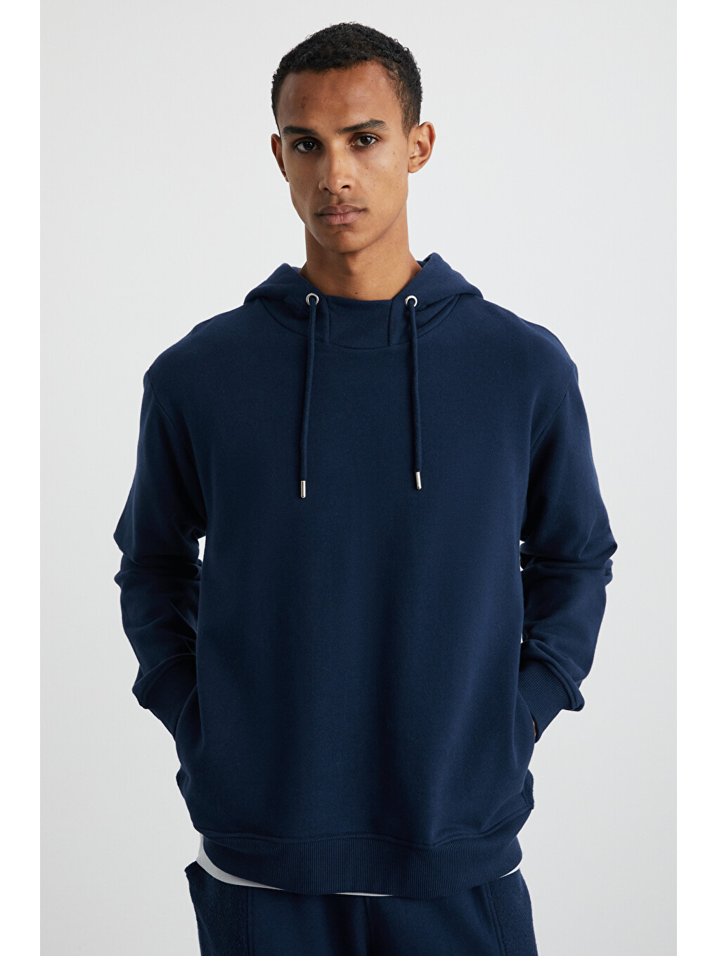 Alessıo Erkek %100 Pamuk Kapüşonlu Kordon Detaylı Oversize Fit Lacivert Sweatshirt-2